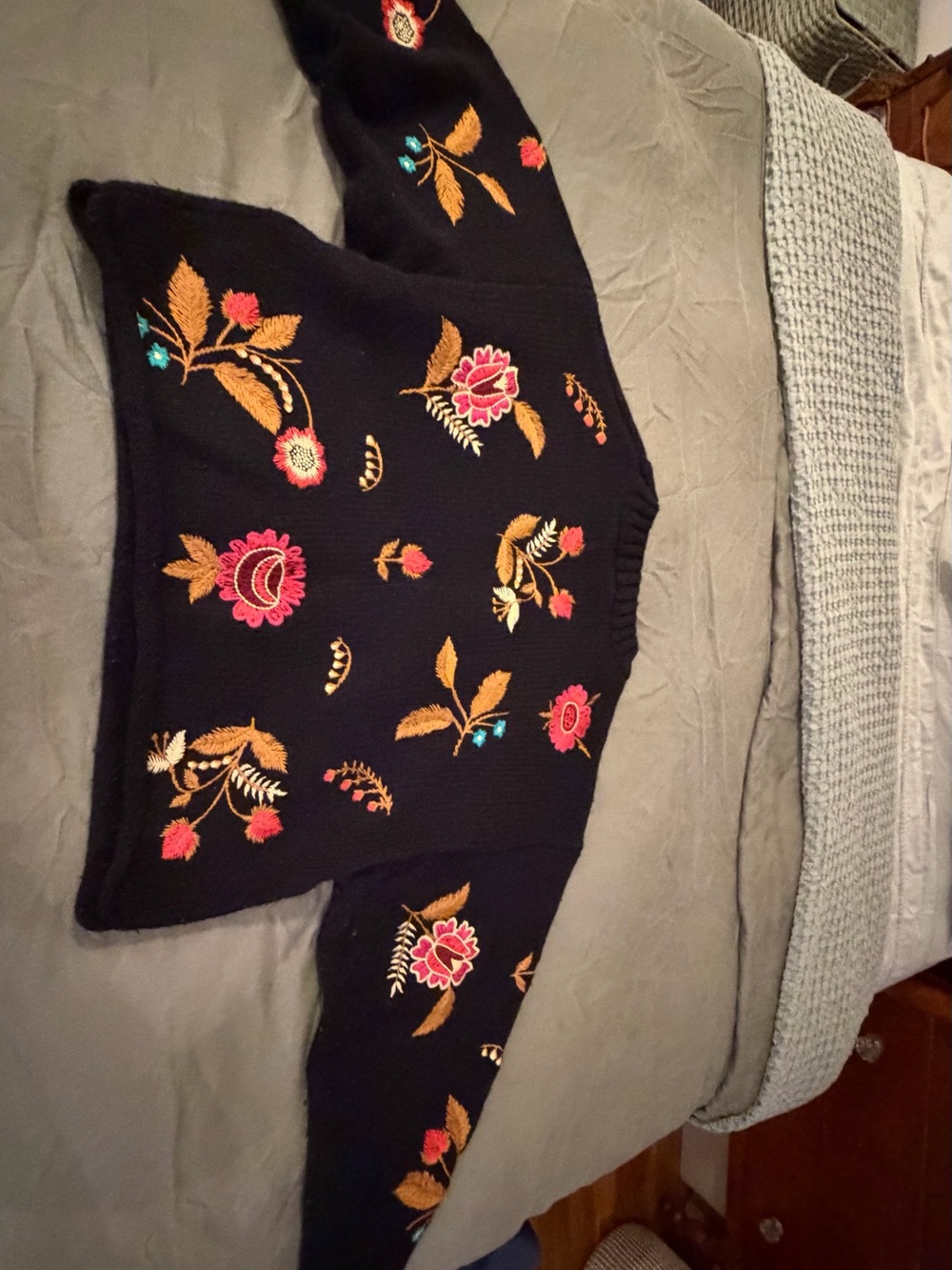 Guess Black Crewneck Sweater with Pink & Gold Floral Embroidery